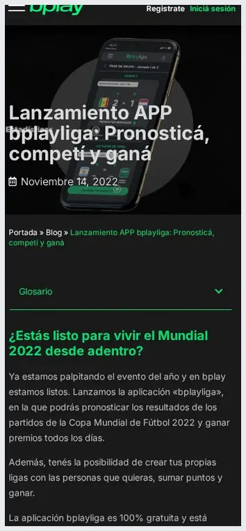 Página de promoción de descarga de la app bplay, mockup de smartphone con "Lanzamiento APP bplayliga: Pronosticá, competí y gana", 27.10.2026