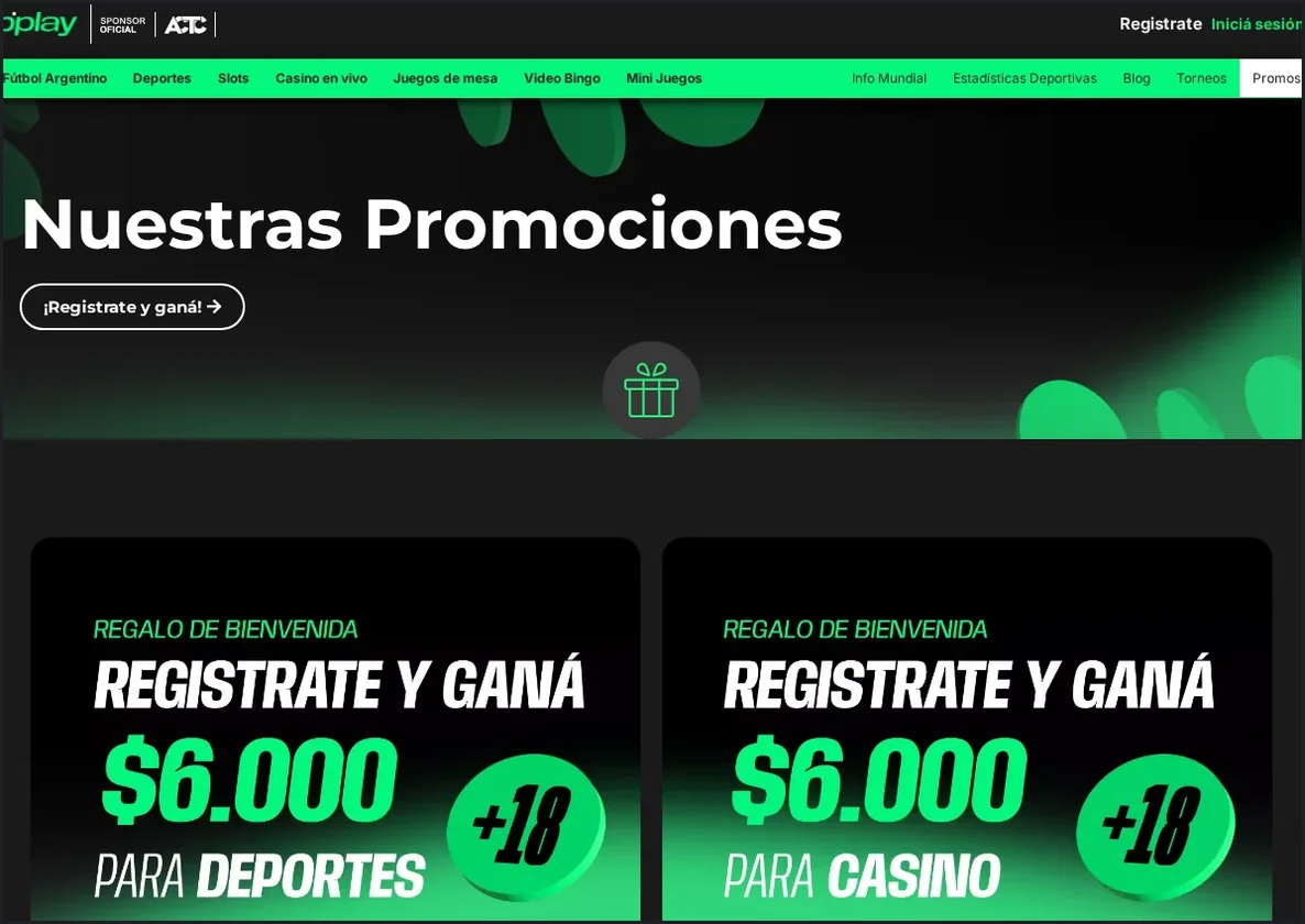 Página de Promociones de bplay, tarjetas de bienvenida "Registrate y gana" con ofertas de $6,000, 27.10.2026